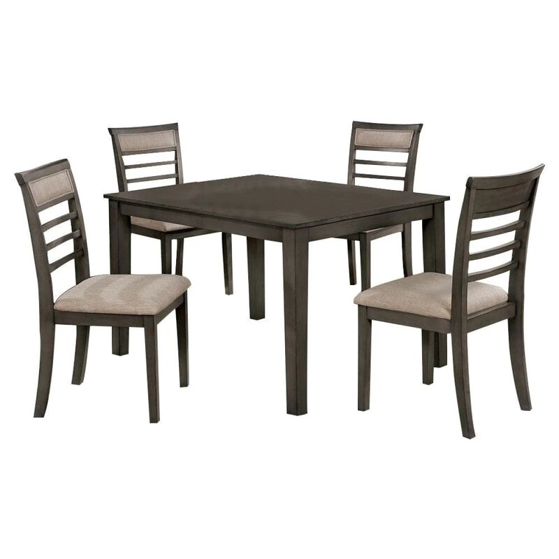 5 Pc Dining Table Set Weathered Gray Dining Chairs Table Solid wood Beige Padded Fabric Cushions Slat Back