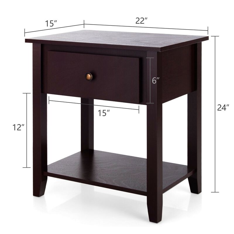 Nightstand with Drawer and Storage Shelf for Bedroom Living Room - Espresso