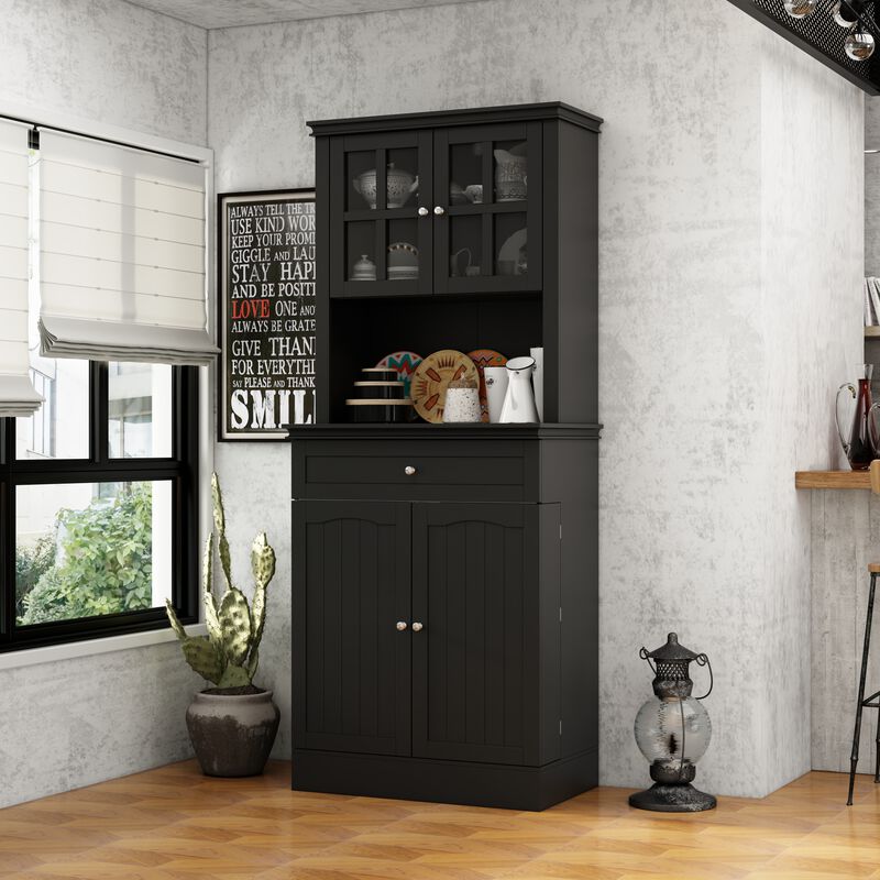 Black Painted Accent Storage Cabinet, Sideboard with Framed Transparent Doors, Drawer, Adjustable Shelves and Hutch