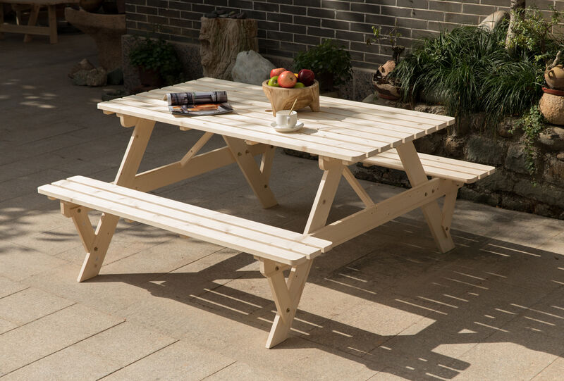 Outdoor Wooden Patio Deck Garden 6-Person Picnic Table, for Backyard, Garden, Stained