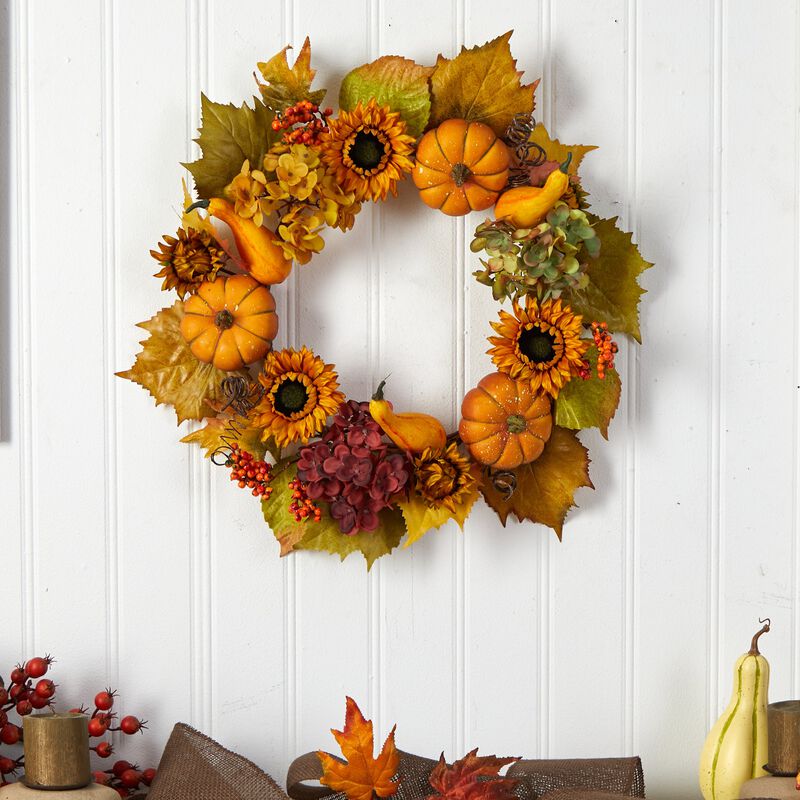 HomPlanti 22" Autumn Hydrangea, Pumpkin and Sunflower Artificial Fall Wreath