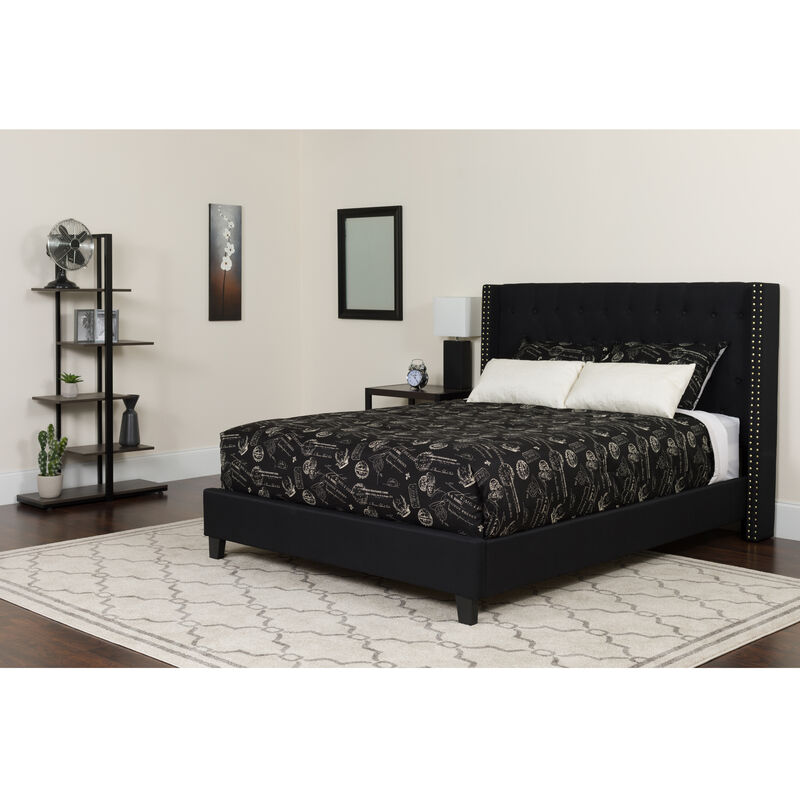 Riverdale Queen Size Tufted Upholstered Platform Bed in Black Fabric with Pocket Spring Mattress