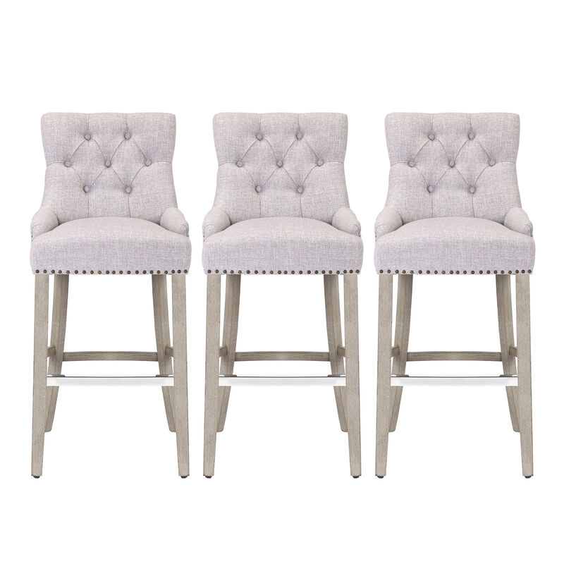WestinTrends 29" Linen Fabric Tufted Upholstered Bar Stool (Set of 3), Antique Grey