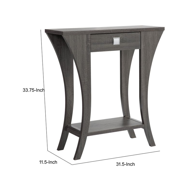 34 Inch Console Table with Drawer and Shelf, Curved Legs, Distressed Gray - Benzara