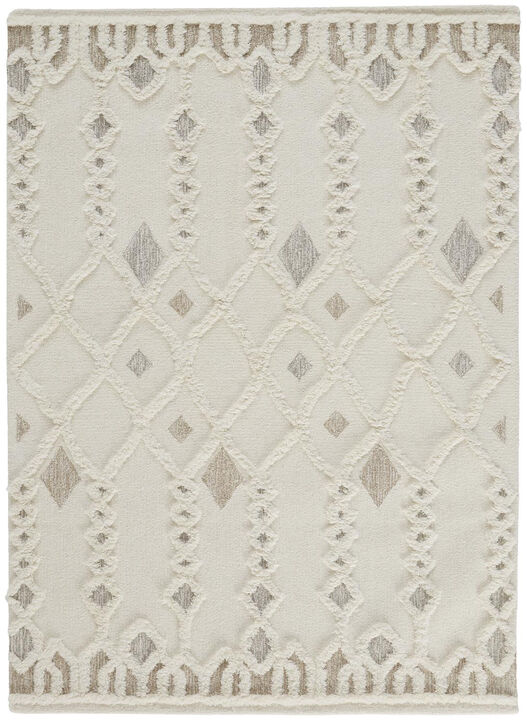 5 X 8 Ivory Tan And Silver Wool geometric Tufted Handmade Stain Resistant Area Rug
