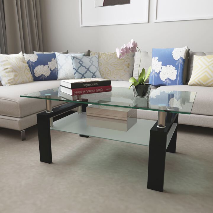 Hivvago Rectangular Double Layer Living Room Glass  Table with Metal Legs Glass