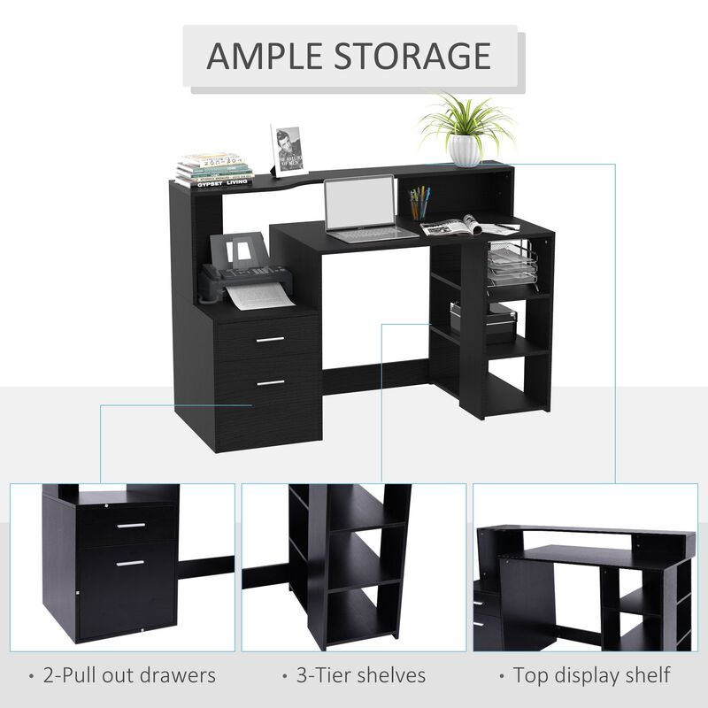 54" Modern L-Shaped Office Workstation Computer Desk Home Office Workstation Laptop Writing Table Shelves & Drawers - Black