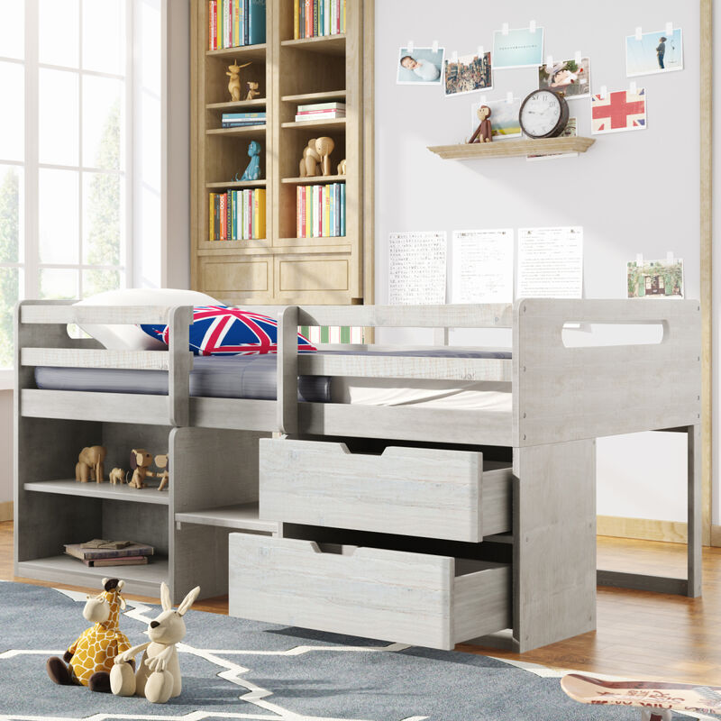 Twin size Loft Bed with Two Shelves and Two drawers (White)