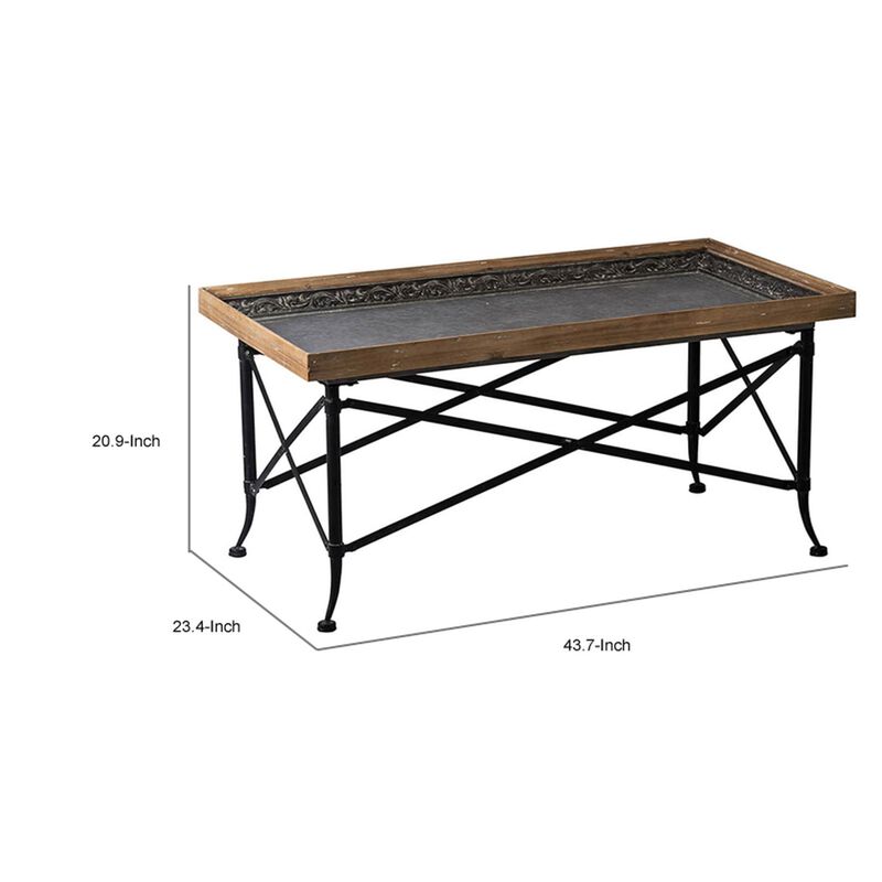 Benjara 44 Inch Coffee Table, Vintage Style Wood Tray Top, Metal Base, Brown, Black