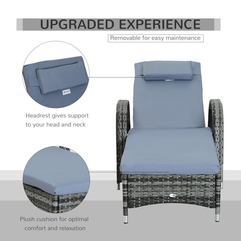 Grey Outdoor Lounger: Wicker Chaise with Adjustable Back and Wheels