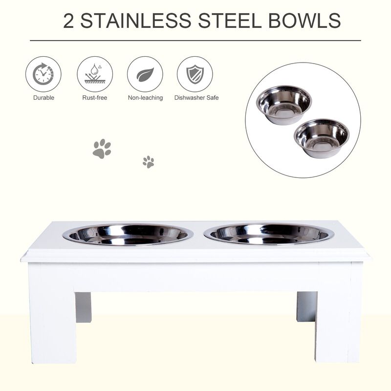 Elegant Pet Diner: White Wooden Dog Feeding Station with Steel Bowls