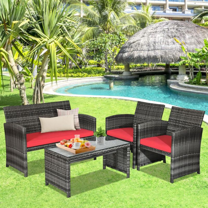 Hivvago 4 Pieces Patio Rattan Furniture Set with Glass Table and Loveseat