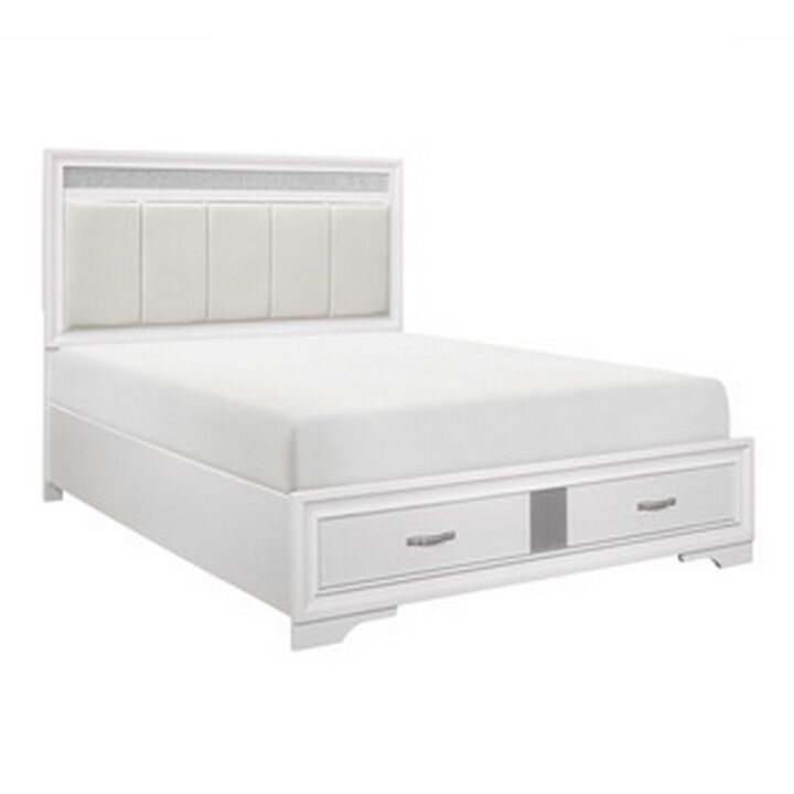 Ani Queen Platform Bed, Tufted Headboard, 2 Drawer Low Footboard, White - Benzara