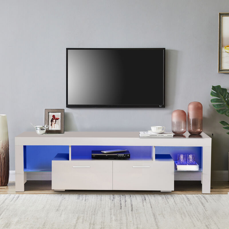 White Modern TV Stand with LED Lights, high glossy front TV Cabinet, can be assembled in Lounge Room, Living Room or Bedroom, color:WHITE