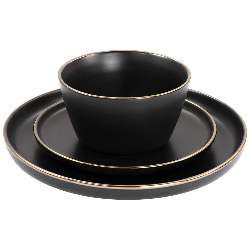 Elama Paul 16 Piece Stoneware Dinnerware Set in Matte Black with Gold Rim