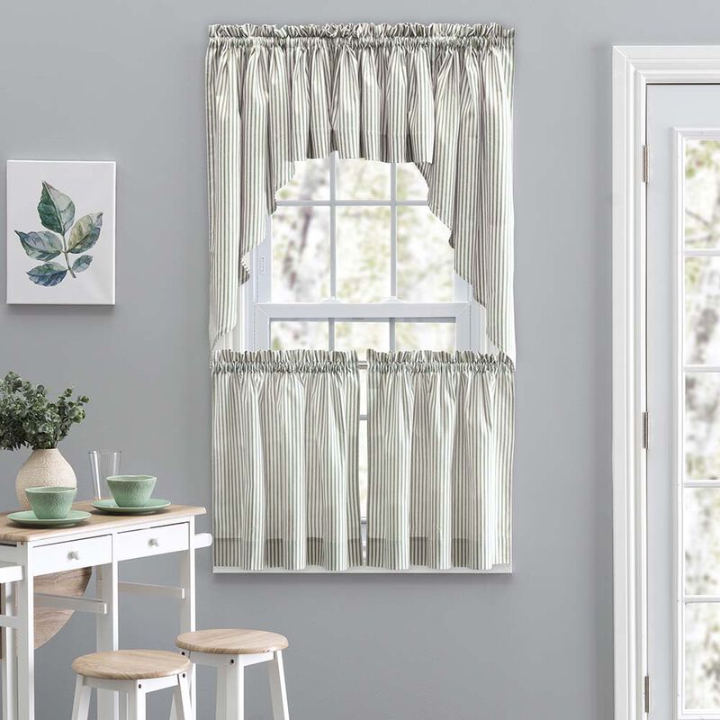 Ellis Curtain Plaza Classic Ticking Stripe Printed on 1.5" Rod Pocket Natural Ground Tailored Swag 56" x 36"