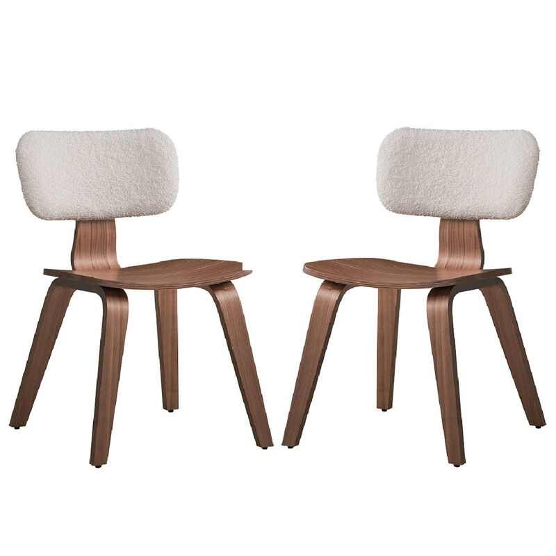 Aon 22 Inch Side Dining Chair Set of 2, Curved, White Boucle, Walnut Brown - Benzara