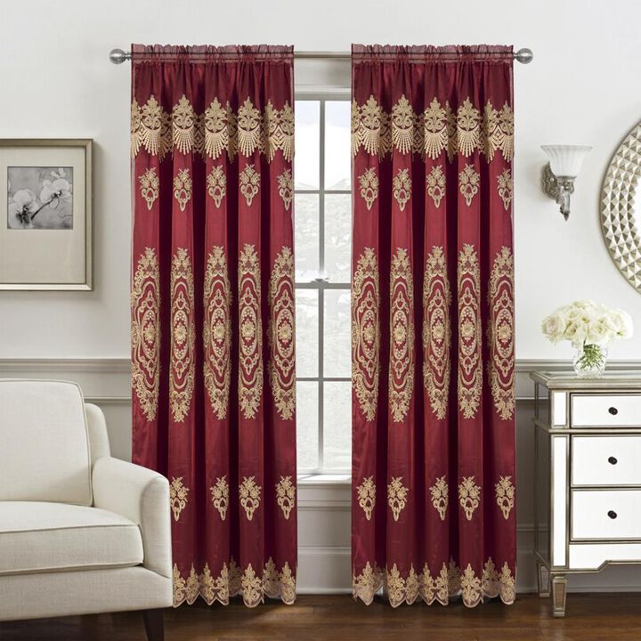 RT Designers Collection Dayton Emb Attached Valance Backing Blackout Window Curtains 50" x 84" Burgundy/Gold