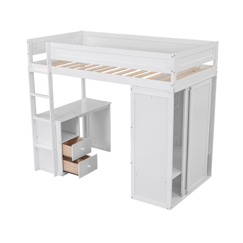 Merax Wood  Loft Bed with Wardrobes and  Cabinet