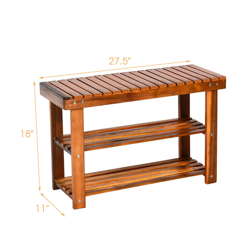 Freestanding Wood Bench with 3-Tier Storage Shelves