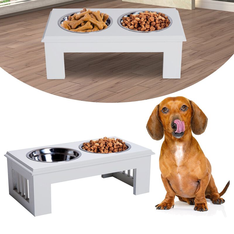 Elegant Pet Diner: White Wooden Dog Feeding Station with Steel Bowls