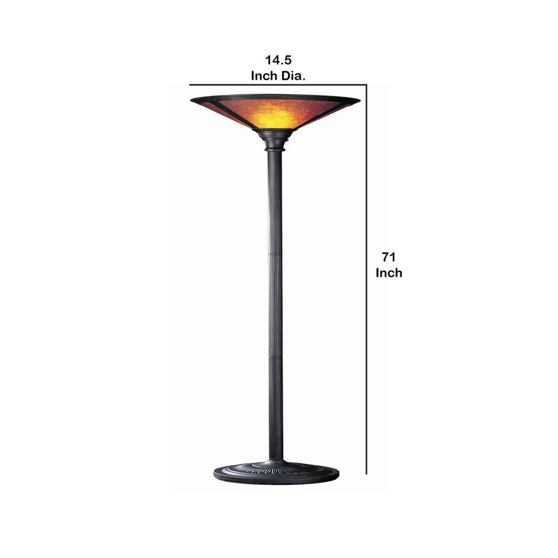 3 Way Metal Body Torchiere Lamp with Conical Mica Shade, Bronze-Benzara