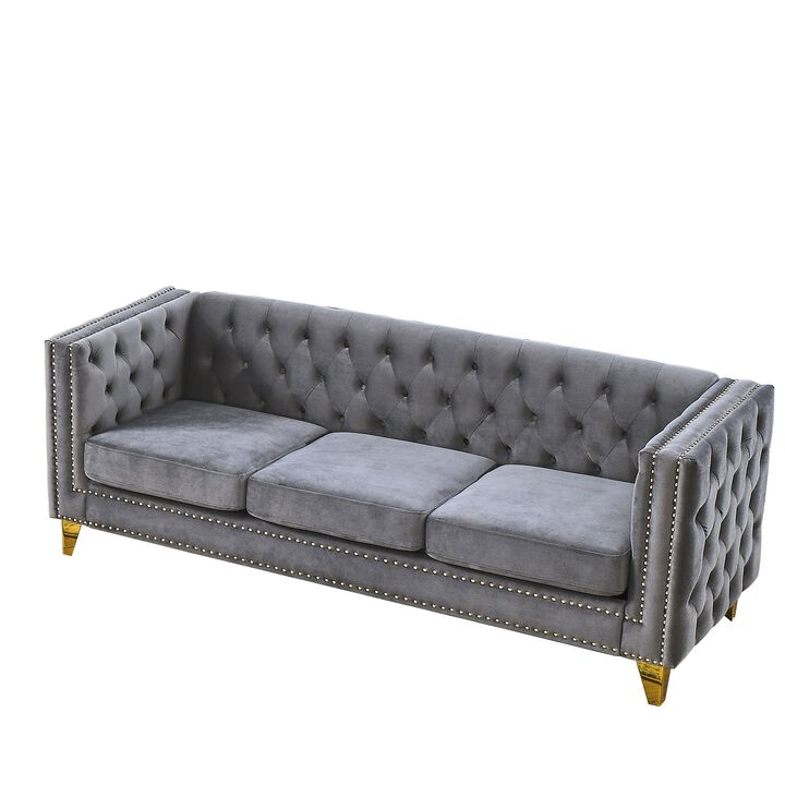 TATEUS Modern Velvet Sofa, Button-Tufted Square Arms & Metal Legs, Bedroom & Living Room Ready