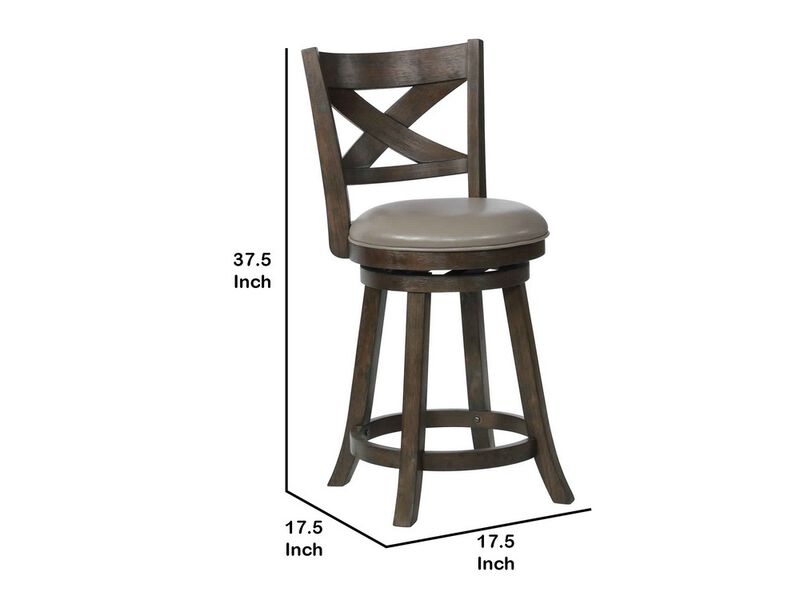 Curved Back Swivel Pub stool with Leatherette Seat,Set of 2, Gray and Brown - Benzara