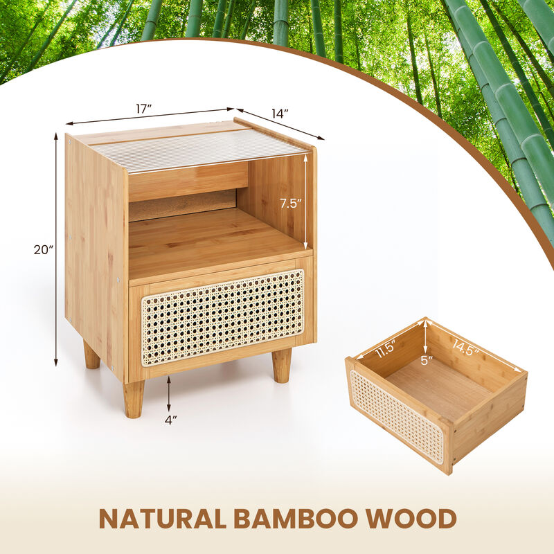 Set of 2 Bamboo Rattan Nightstand with Drawer and Solid Wood Legs