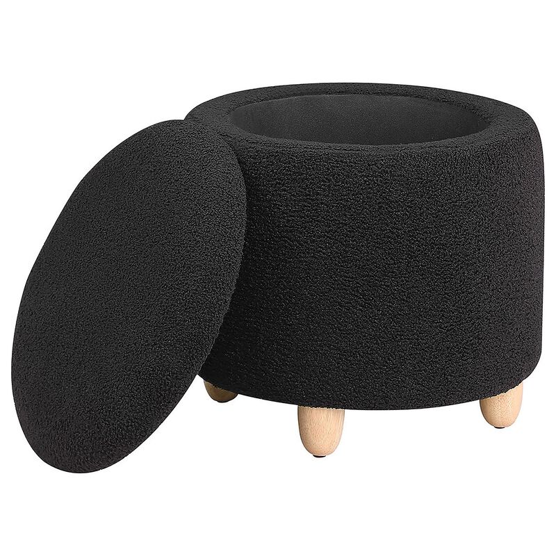 Aia 18 Inch Storage Ottoman, Black Faux Sheepskin, Round Rubberwood Feet - Benzara