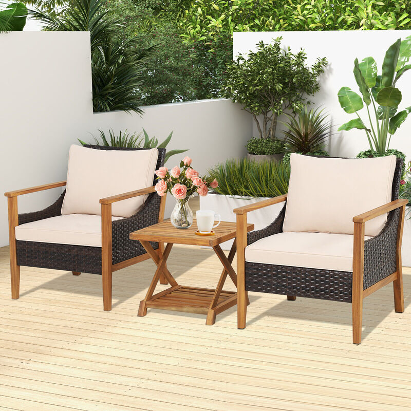 3 Pieces Patio Wicker Furniture Set with 2-Tier Side Table and Cushioned Armchairs-Natural