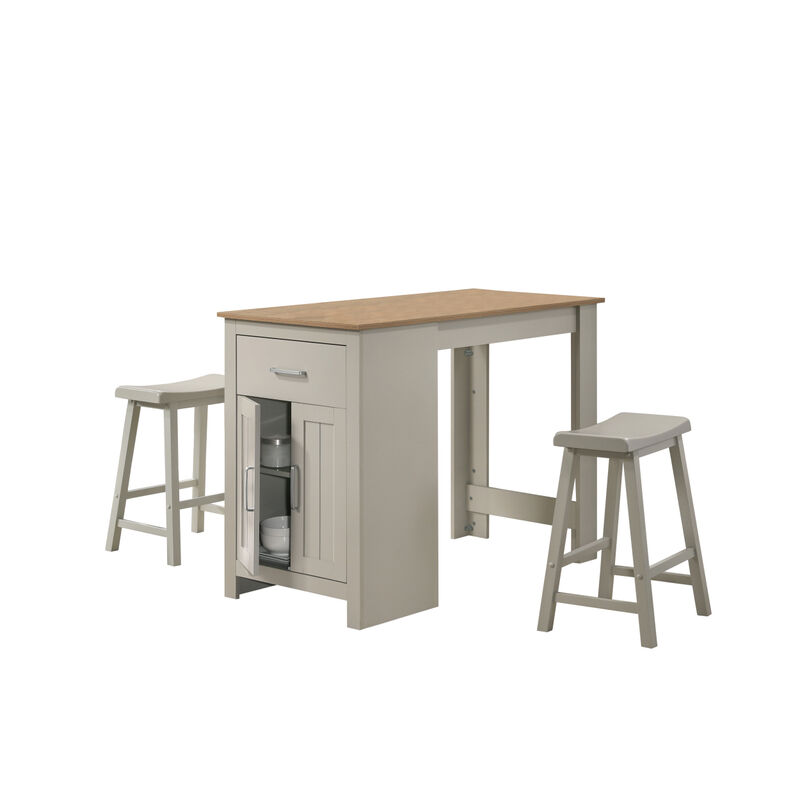 Alonzo Light Gray Small Space Counter Height Dining Table with Cabinet, Drawer, and 2 Ergonomic Counter Stools