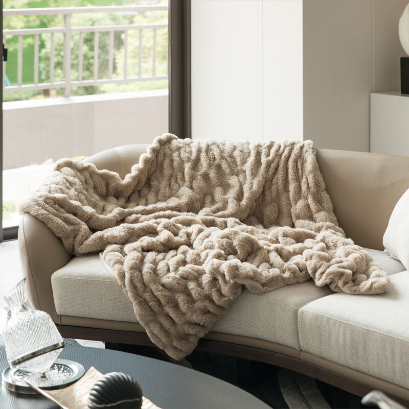 Set of 2 Luxurious 50 in. x 60 in. Rached Faux Fur Cozy Throw Blanket - Decorative Plush Blanket for Sofa and Bed, Soft and Comfortable Home Accent, Warm Winter Blanket, Tan