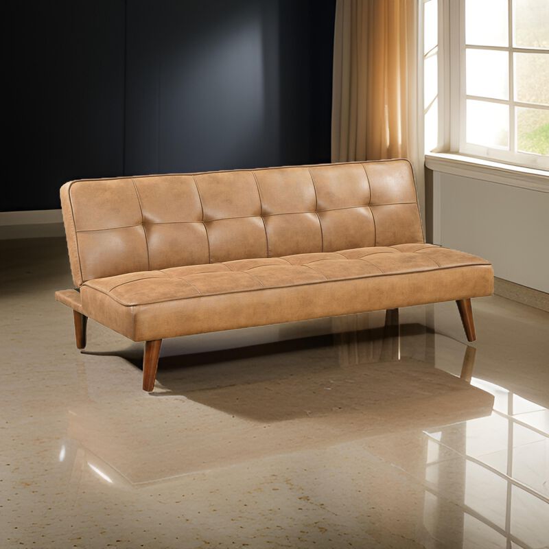 Sena Futon Convertible Sofa Bed Sleeper Couch, Light Brown Faux Leather - Benzara