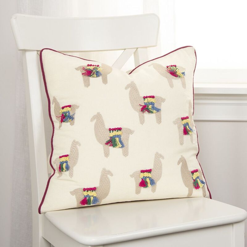 Homezia Ivory Fiesta Fun Embroidered Llamas Throw Pillow