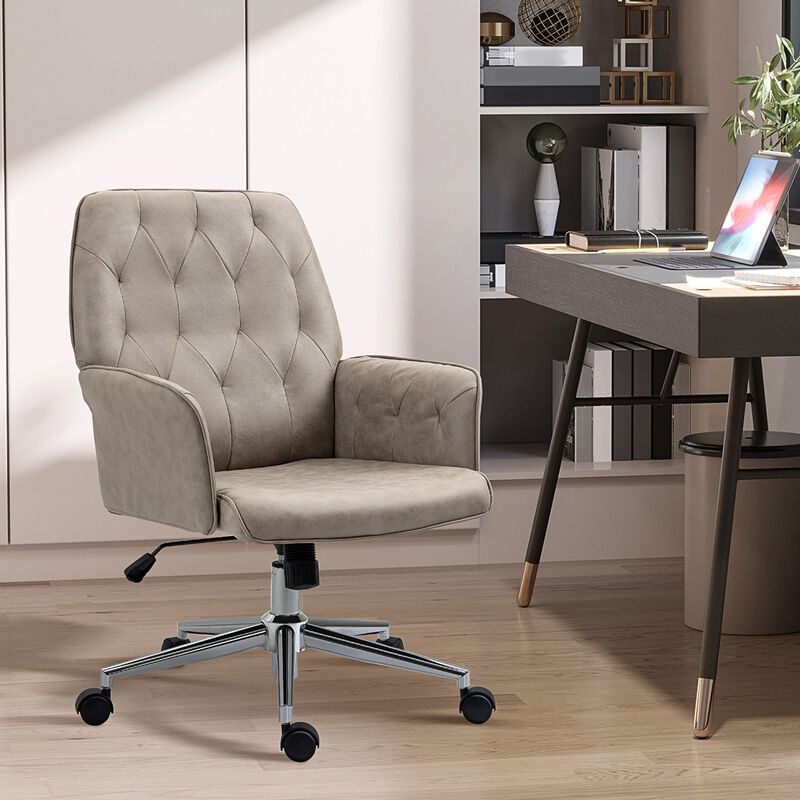 Armchair Office Chair Modern Mid-Back Tufted Linen Fabric With Arms Swivel Height Adjustable, Light Grey