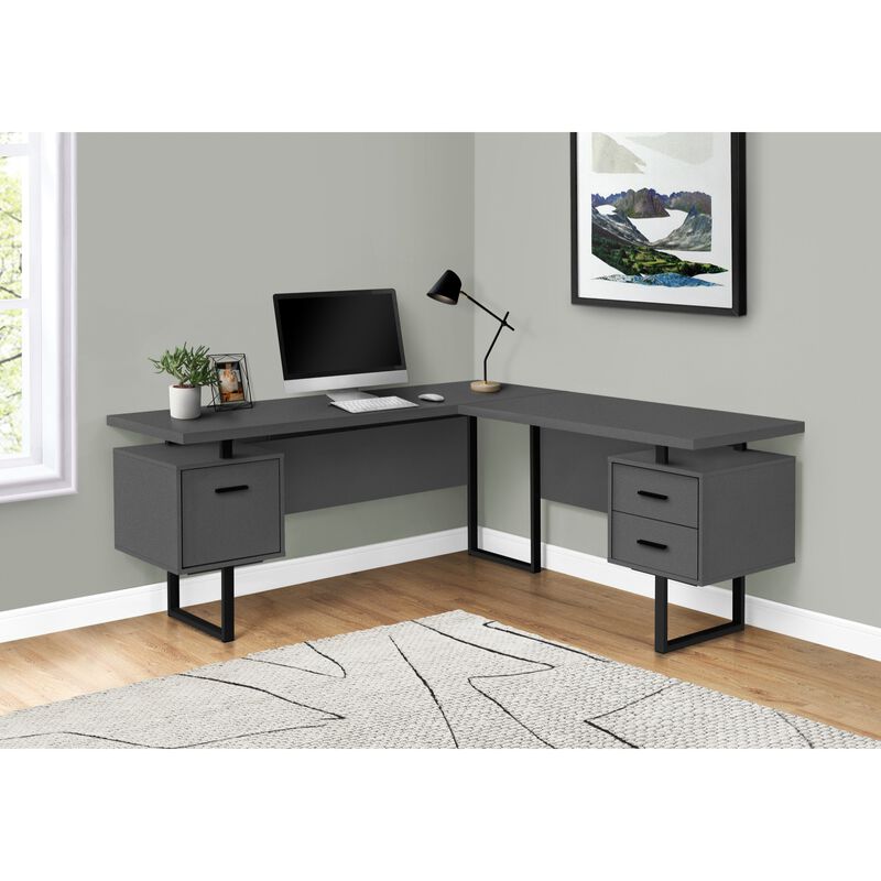 Computer Desk, Home Office, Corner, Left, Right Set-Up, Storage Drawers, 70"L, L Shape, Work, Laptop, Metal, Laminate, Grey, Black, Contemporary, Modern