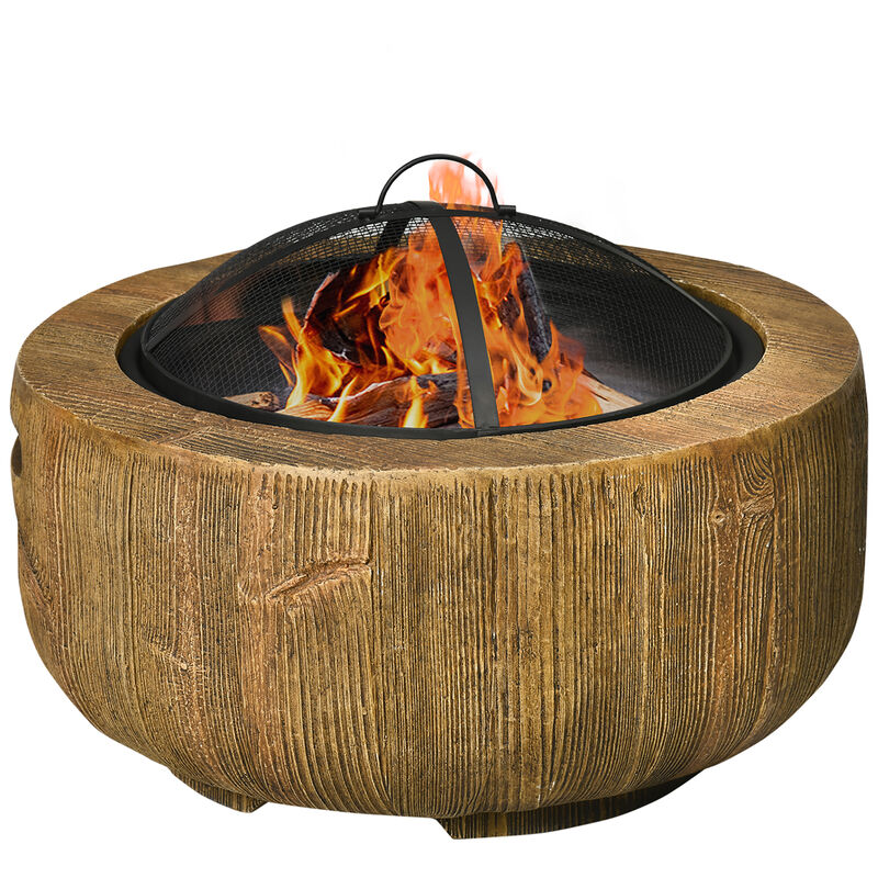 Outsunny Outdoor Fire Pit, 24 Inch Metal Wood Burning Fireplace with Spark Cover, Poker, Woodgrain Design for Patio, Picnic, Backyard, Light Brown