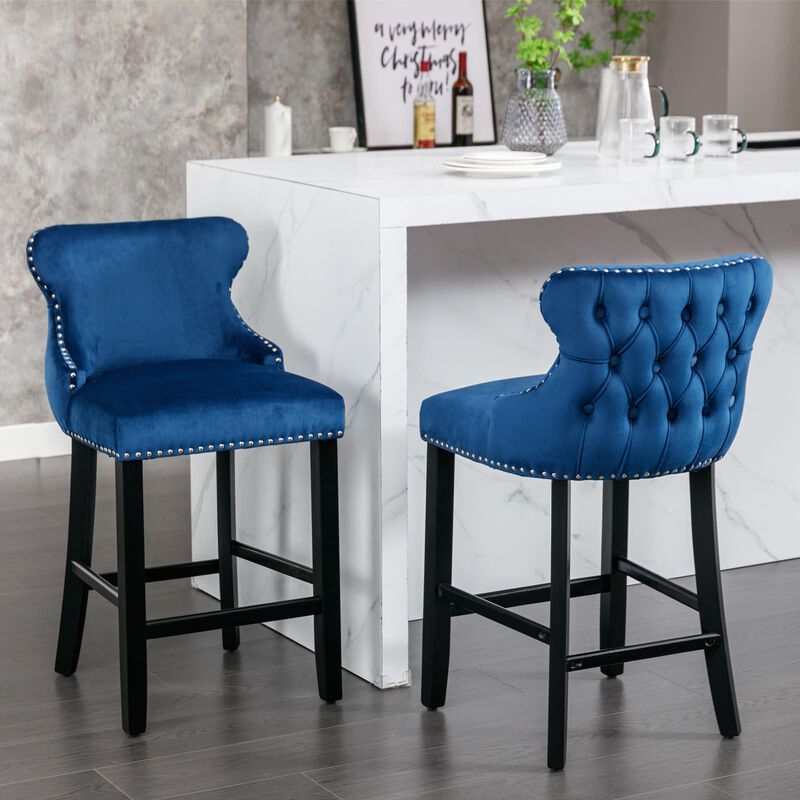 Hivvago 2pcs Chrome Accent Wingback Bar Stools Tufted Velvet with Nailhead and Legs