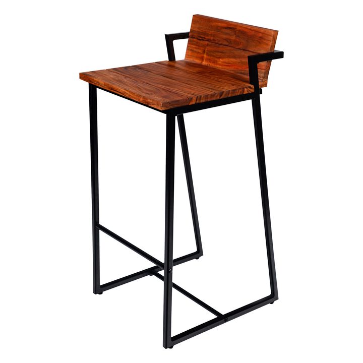 30 Inch Industrial Style Acacia Wood Barstool with Metal Frame, Brown and Black-Benzara