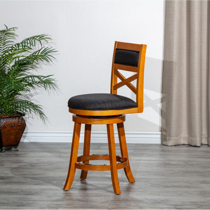 24" Counter Height X-Back Swivel Stool, Natural Finish, Charcoal Fabric Seat