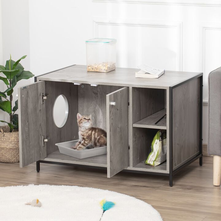 Cat Litter Box Enclosure Hidden Cat Furniture Cabinet Indoor Cat Washroom Double-door with Damping Hinge Multiple Storage Place Adjustable Grey