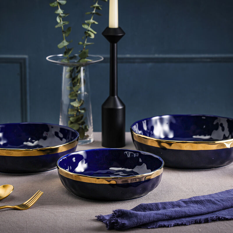 Stone Lain Florian Porcelain Serving Shallow Bowl Set 3 Piece, Blue