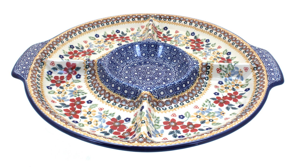 Blue Rose Polish Pottery Dots Chip & Dip Plate