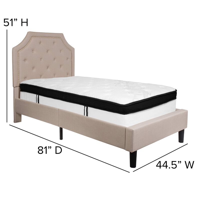 Brighton Twin Size Tufted Upholstered Platform Bed in Beige Fabric with Memory Foam Mattress