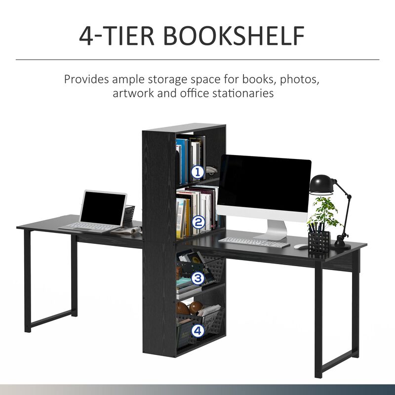 Black Bookshelf Desk 88" Extra Long 2-Person Computer Desk W/ Bookshelf Combo Double Workstation Storage Unit Home Office