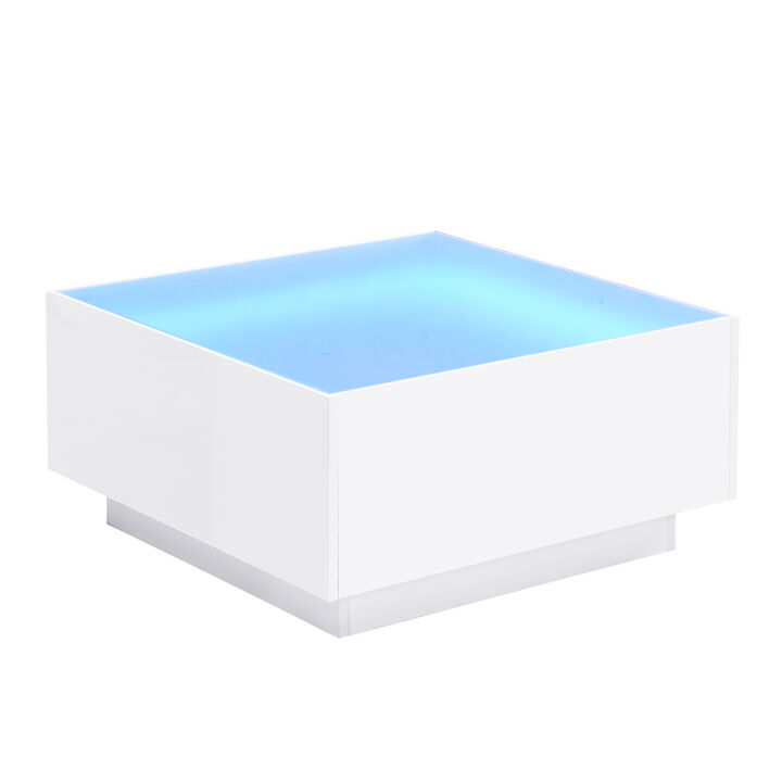 Clihome Square High Glossy Coffee Table with 16-color LED Strip Lights, Modern Center Table with 5mm Frosted Tempered Glass Top for Living Room, 27.5*27.5in
