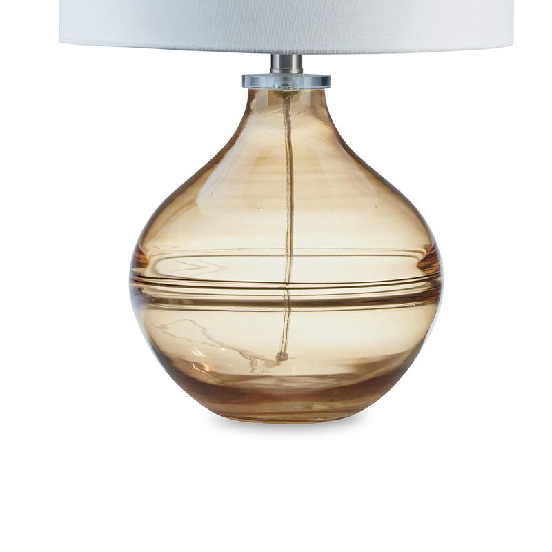 Amie 22 Inch Table Lamp, White Drum Shade, Drop Amber Glass Base, Metal - Benzara