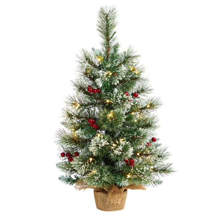 Nearly Natural 2-ft Snow Tipped Pine and Berry Artificial Christmas Tree with 35 Warm White LED Lights in Burlap Base