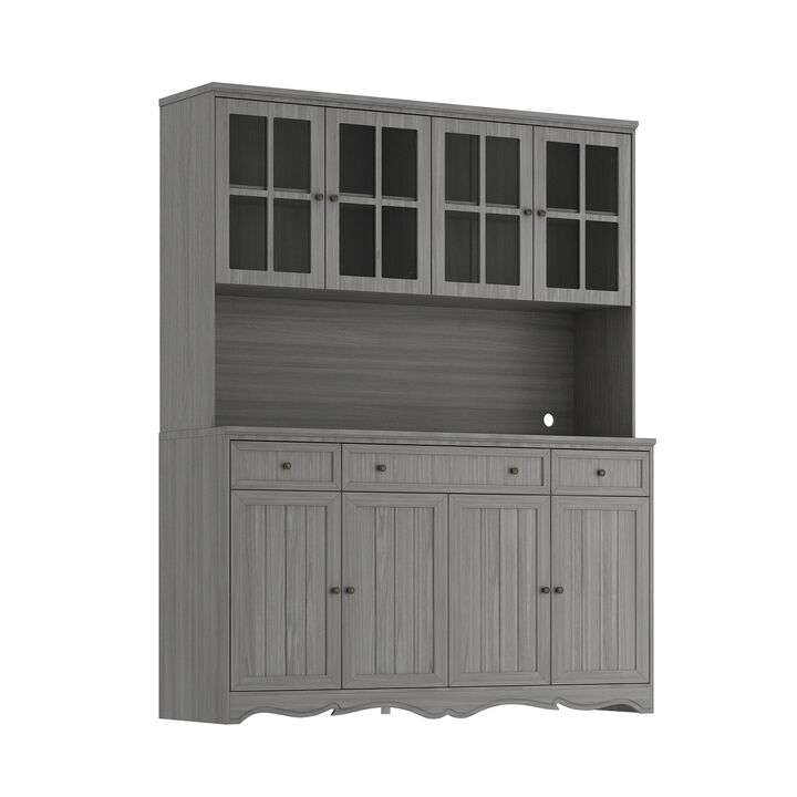 Gray Painted Wooden 61.2 in. W Buffet and Hutch Kitchen Cabinet with Drawers and Adjustable Shelves, Glass Doors